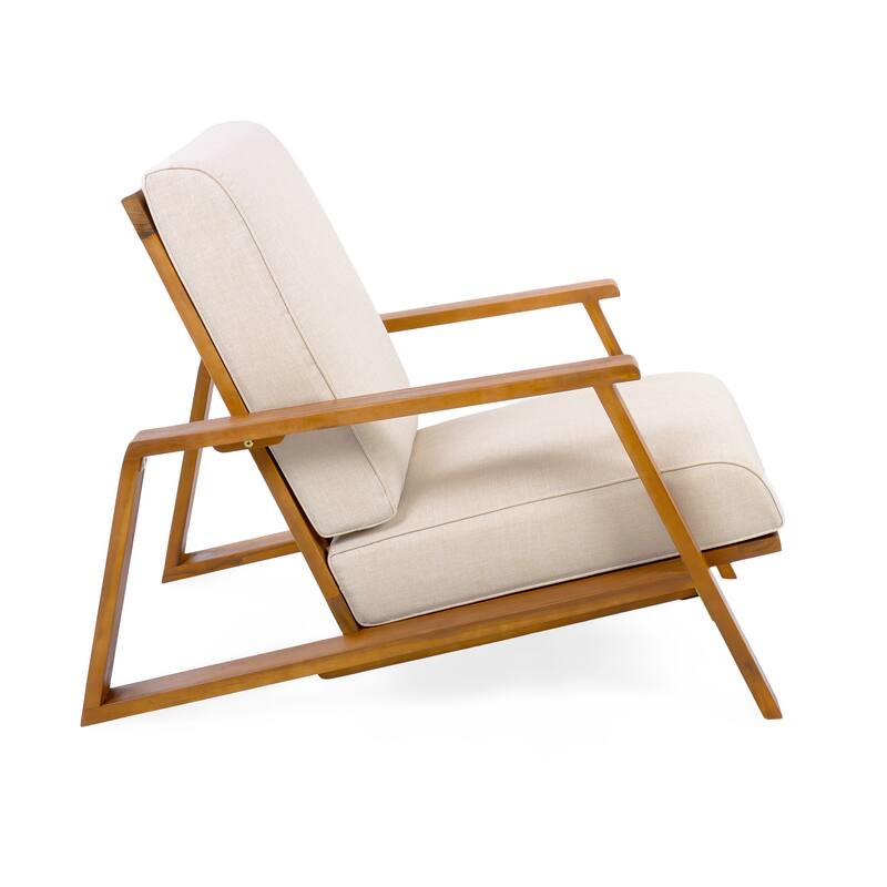 Roomfitters Outdoor Patio Lounge Chair, Acacia Wood Frame with Beige Cushions, Modern Club Chair for Garden Deck