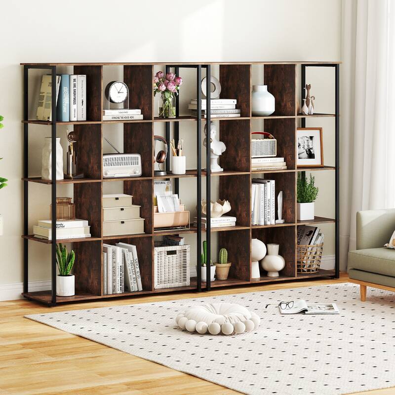 Rustic Brown Metal and Wood 5-Tier Bookshelf 12-Cube Storage Rack with Anti-Tip - 42" L x 16" W x 57" H