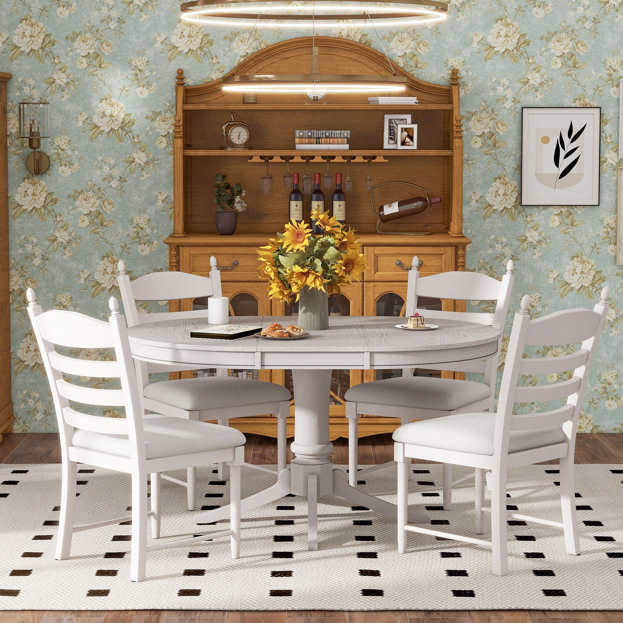5-Piece Retro Functional Dining Table Set Wood Round Extendable Dining Table and 4 Upholstered Dining Chairs