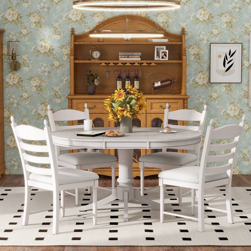 5 Piece Round Dining Table Set, Solid Wood Kitchen Table and Chair Set with Extendable Table and 4 Upholstered Chairs - Antique White
