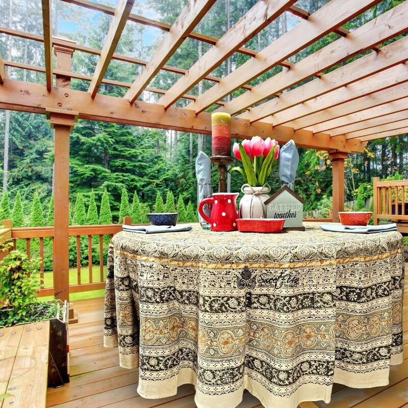 Lush Floral Block Print Vegetable Dye Cotton Table Linen Collection - 72-in Round