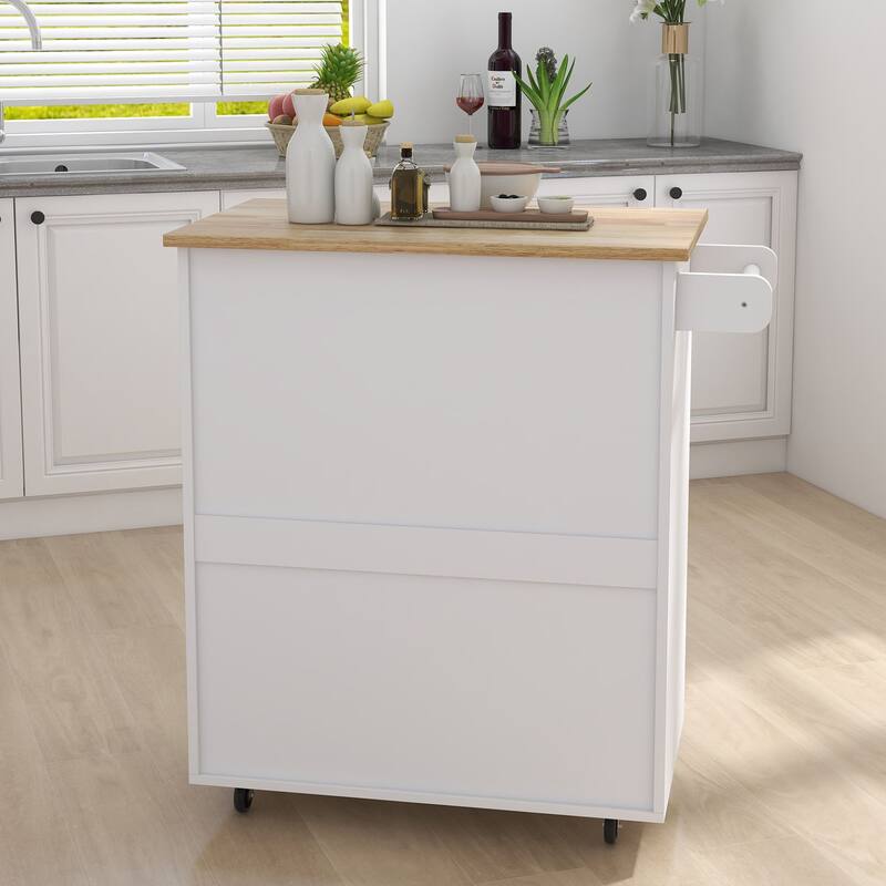 Mobile Kitchen Cart with Rubber Wood Tabletop, Adjustable Storage, and Towel & Seasoning Racks