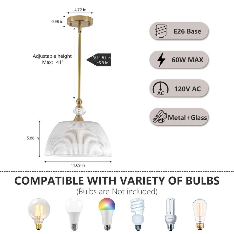 1-Light Modern Pendant Light with Ribbed Dome Shade - Brushed Gold