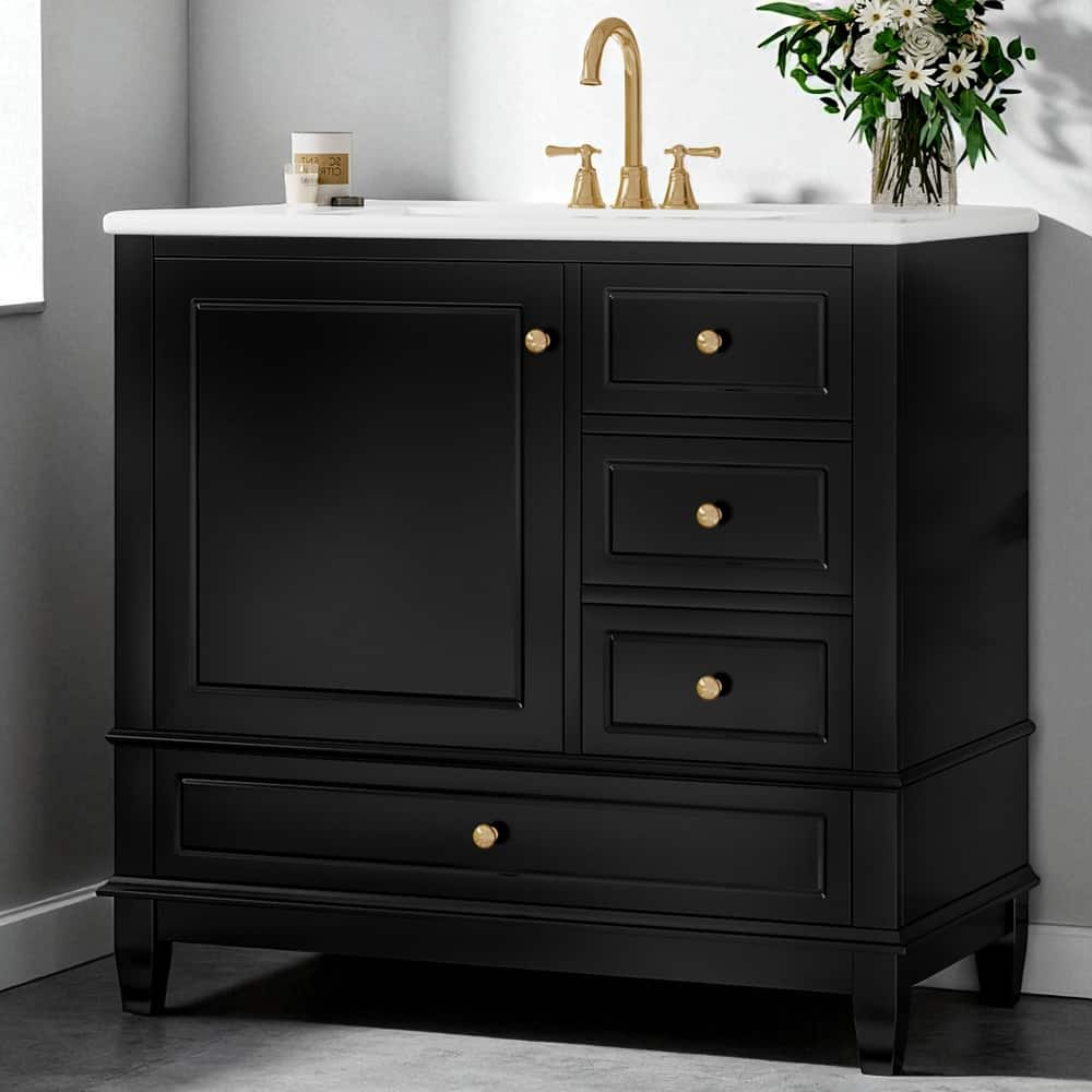 36" Bathroom Vanity with Sink, Freestanding Cabinet with Drawers and Shelves, Ceramic Top, Painted Wood Base