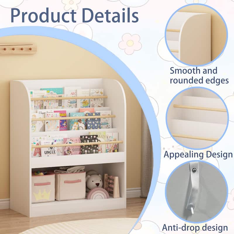 Anmytek 3-Tier Kids Bookcase with Storage Bin, Front-Facing Display for Toddlers, White with Wooden Guardrails