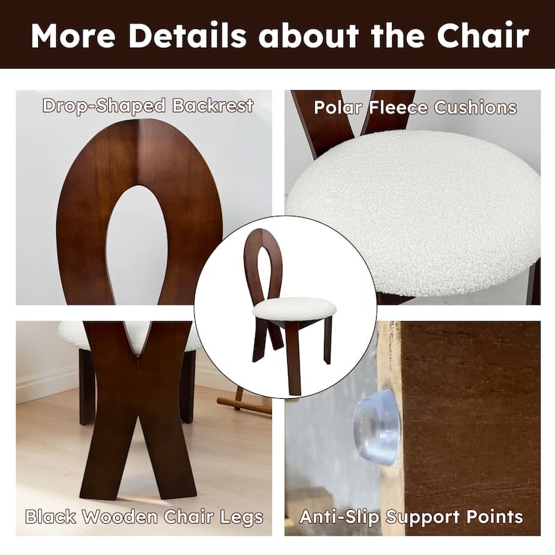 Dining Chairs Set of 2, Key-design Home Chairs, Pure White Teddy Velvet Solid Wooden Dining Chairs with Ribbon-Cross Backrest