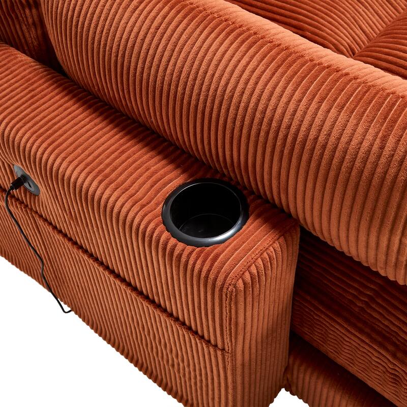 Oversized Corduroy Upholstered Single Chaise Lounge Sofa Couch Switchable Armrest with Cup Holders, USB Ports and Pockets