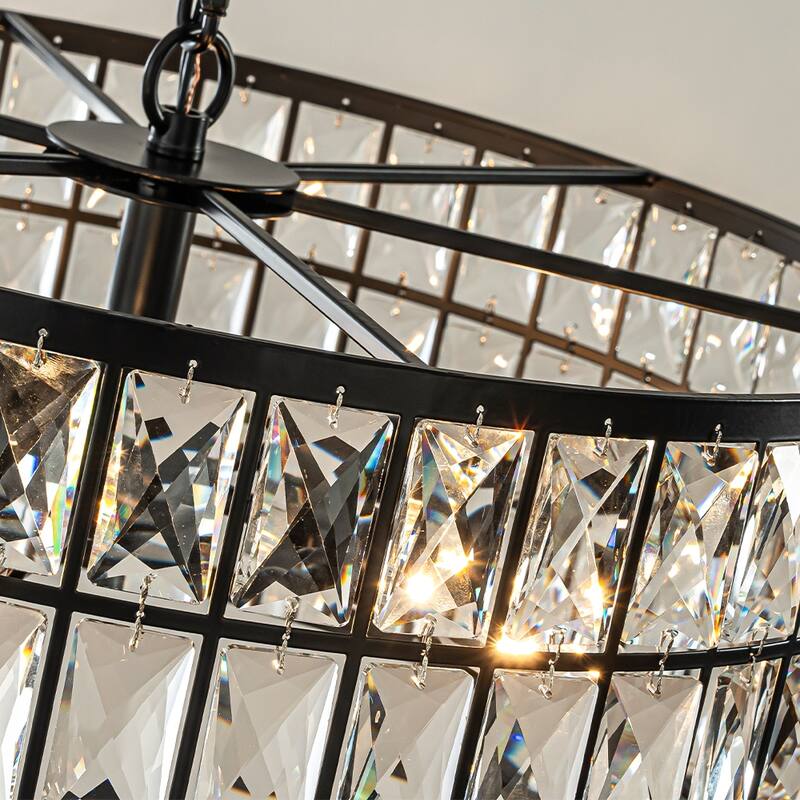20'' Modern Crystal Chandelier Matte Black Finish 6-Light Round Drum Pendant Light Fixture for Dining Room Kitchen - W20''