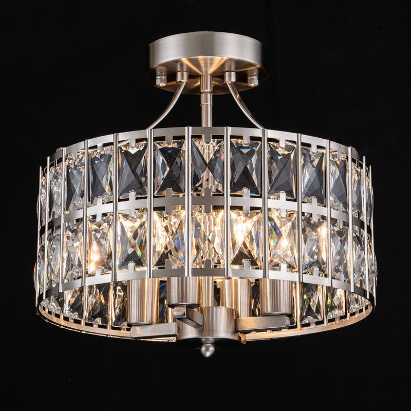 4-Light 13-inch Mid-Century Modern Crystal Drum Ceiling Light Lantern Crystal Semi-Flush Mount Light