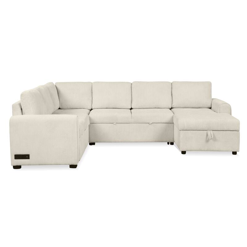 Beige 107.5" U-Shaped 5 Seater Sectional Sofa with Pull-Out Bed, Storage Chaise Lounge, USB Ports, and Power Sockets
