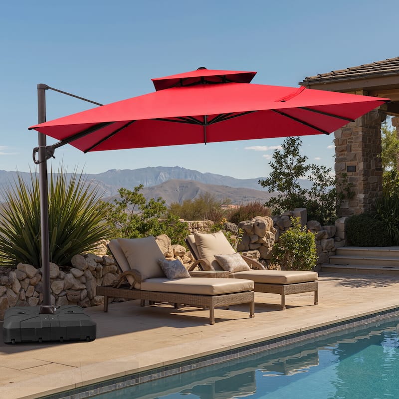 Outdoor 10FT Square Adjustable Offset Cantilever Patio Umbrella with Base - Red