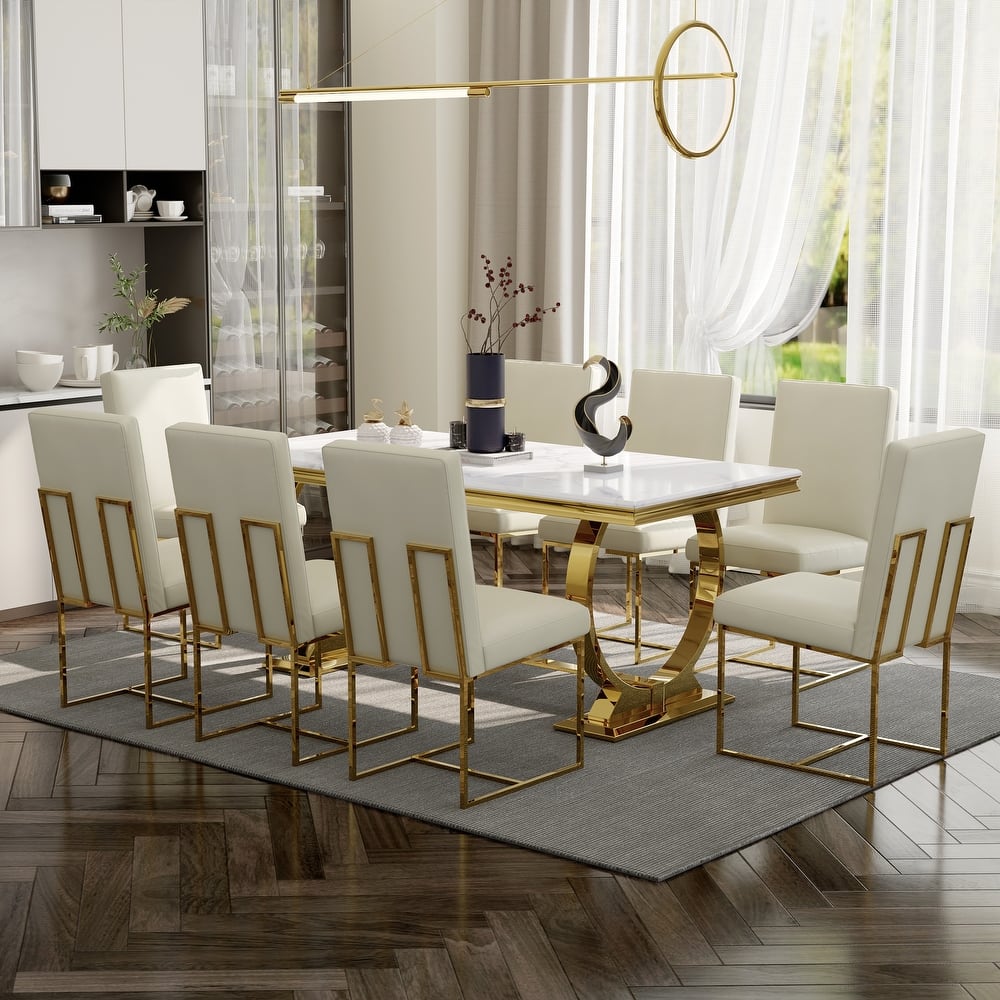 White and Gold Dining Room Table Set with 72 inch Table and White PU Leather Dining Chairs