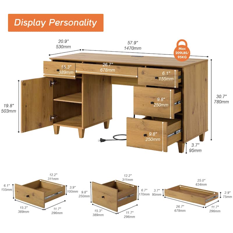 WAMPAT Home Office Furniture Set, 58" Executive Desk with Cabinet, 4-Column 71" Tall Bookcase with Doors and Adjustable Shelves