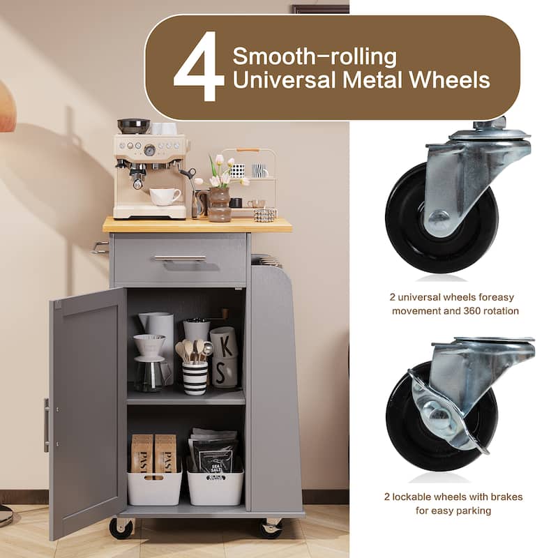 Rolling Kitchen Island with Storage Cabinet & Spice Rack & Drawer – Rubber Wood Top