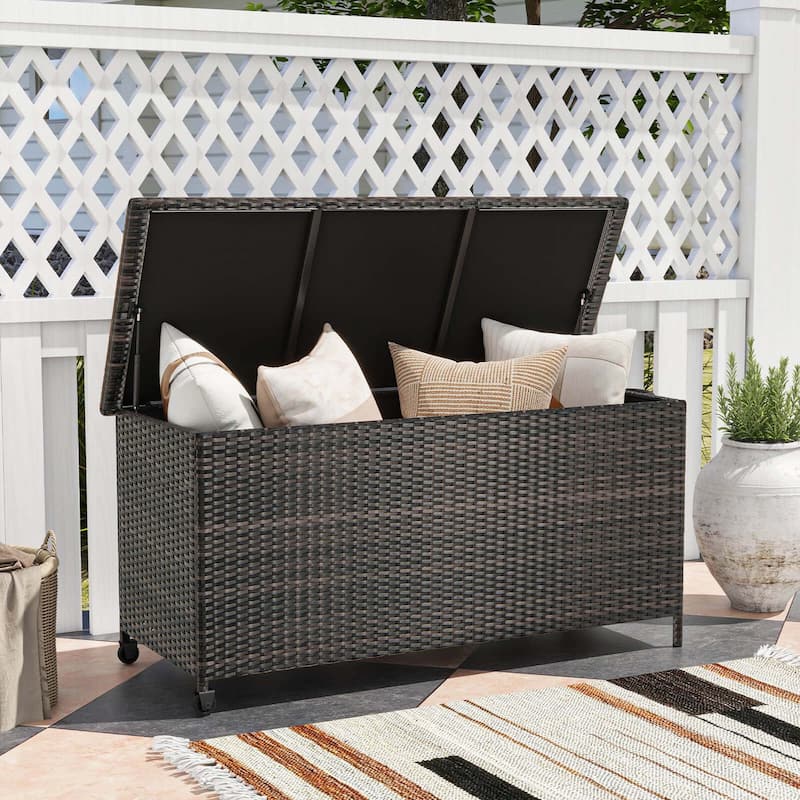 Costway 85 Gallon Rattan Deck Box with Waterproof Liner Universal - See Details - Brown