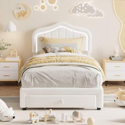 Twin Upholstered Bed Frame with LED Headboard & Storage Drawer, Platform Bed for Kids, No Box Spring Needed