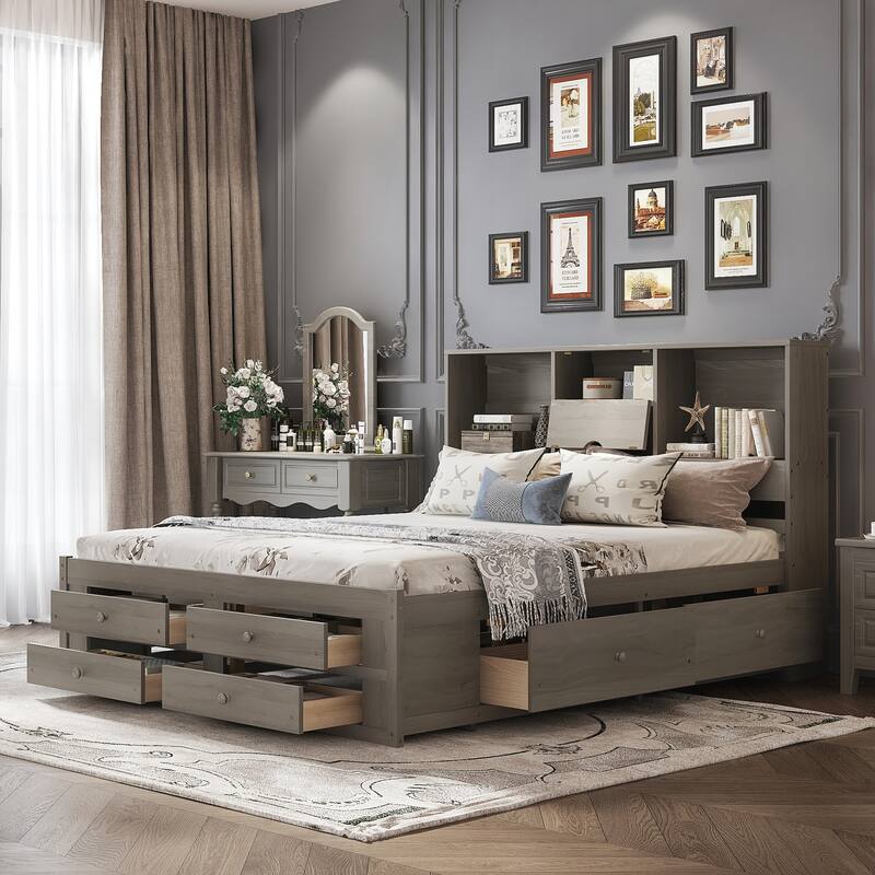 King Size Platform Bed with Storage Headboard and 8 Drawers