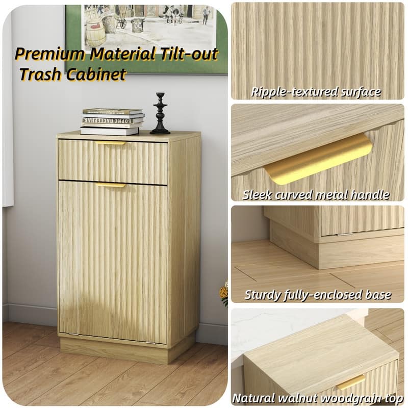 10-Gallon Tilt-Out Trash Can Cabinet with Drawer & Pull-Out Bin