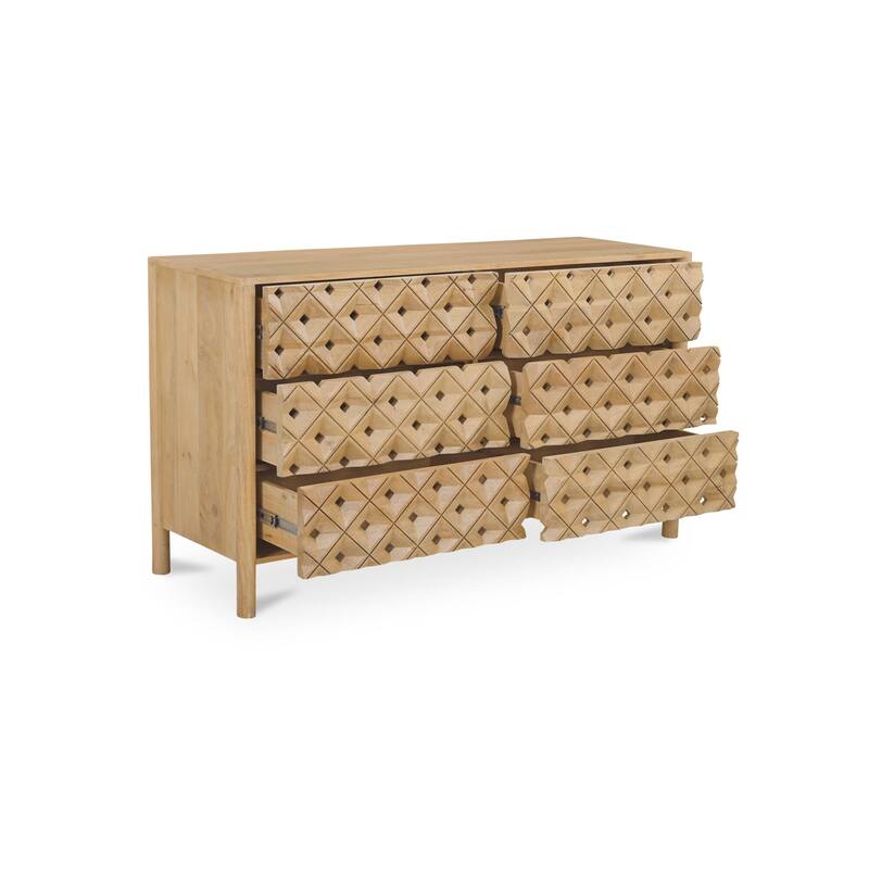 NADAAL STUDIOS Talric Natural Mango Wood 6-Drawer Dresser with Geometric Carved Front