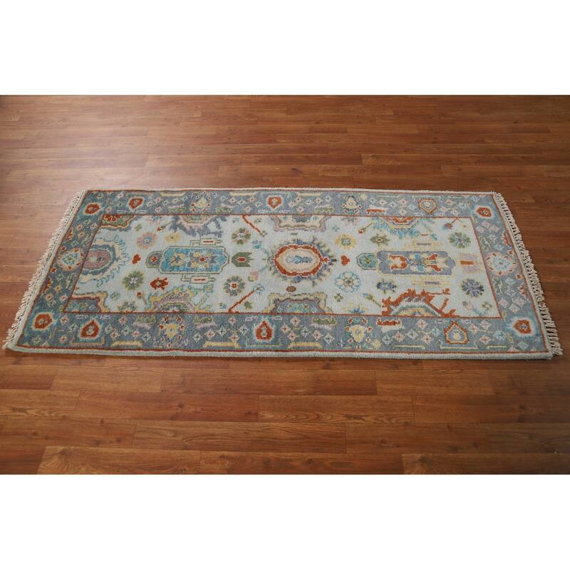Transitional Blue Oushak Style Foyer Rug Handmade Wool Carpet - 2'7"x 5'10"