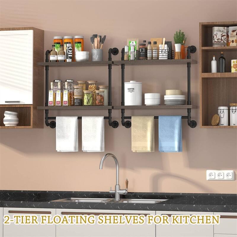 2 Tier Wood Floating Shelves Towel Rack - 7.87"D x 24"W x 25.6"H