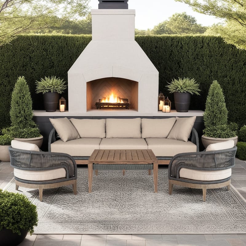 Orbit Outdoor Patio 4 Piece Conversation Set in Weathered Eucalyptus Wood with Gray Rope and Taupe Olefin Cushions