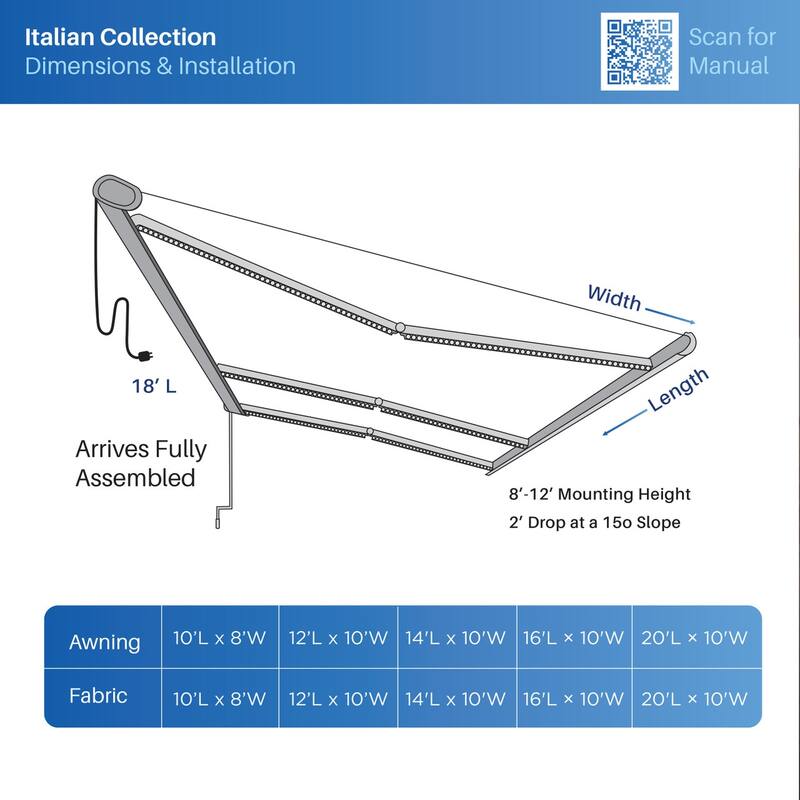 Italian Series Full Cassette Motorized Patio Awning with App + Remote - Grigio (Gray) - 16 x 10 ft
