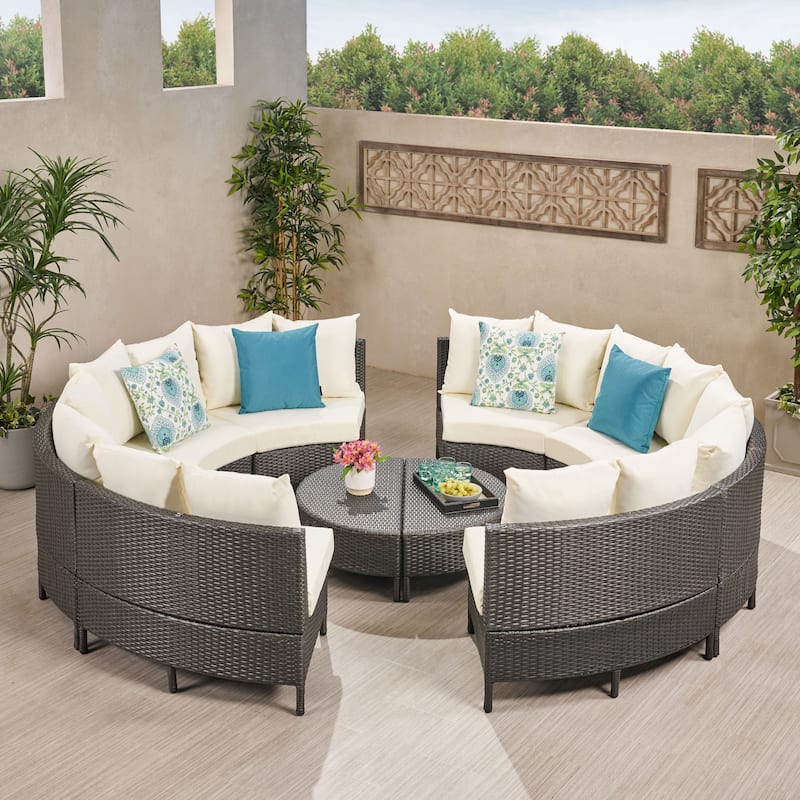 Newton All-Weather Wicker Sectional Sofa Set by Christopher Knight Home - Gray+White Cushion