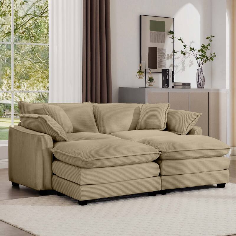 2-Seater Corduroy Sofa with 2 Footrests, Converts to Bed for Compact Spaces