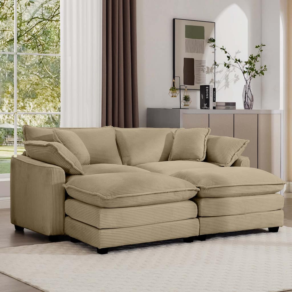 2-Seater Corduroy Upholstered Sofa Set with 2 Ottoman and Removable Armrests for Livingroom