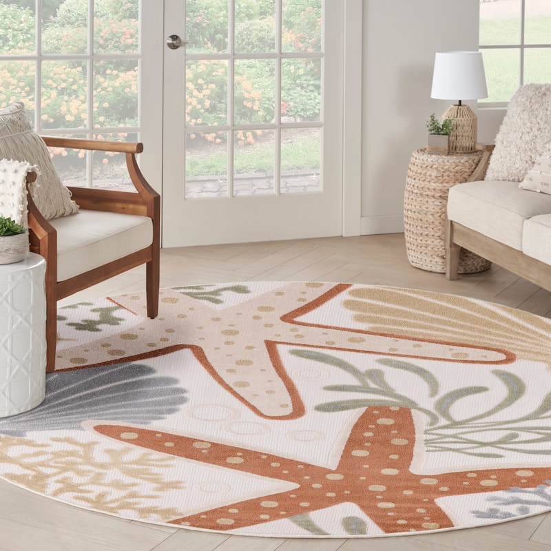 Nourison Aloha Coastal Starfish Indoor/Outdoor Area Rug - 5'3" x Round - Ivory/Multi
