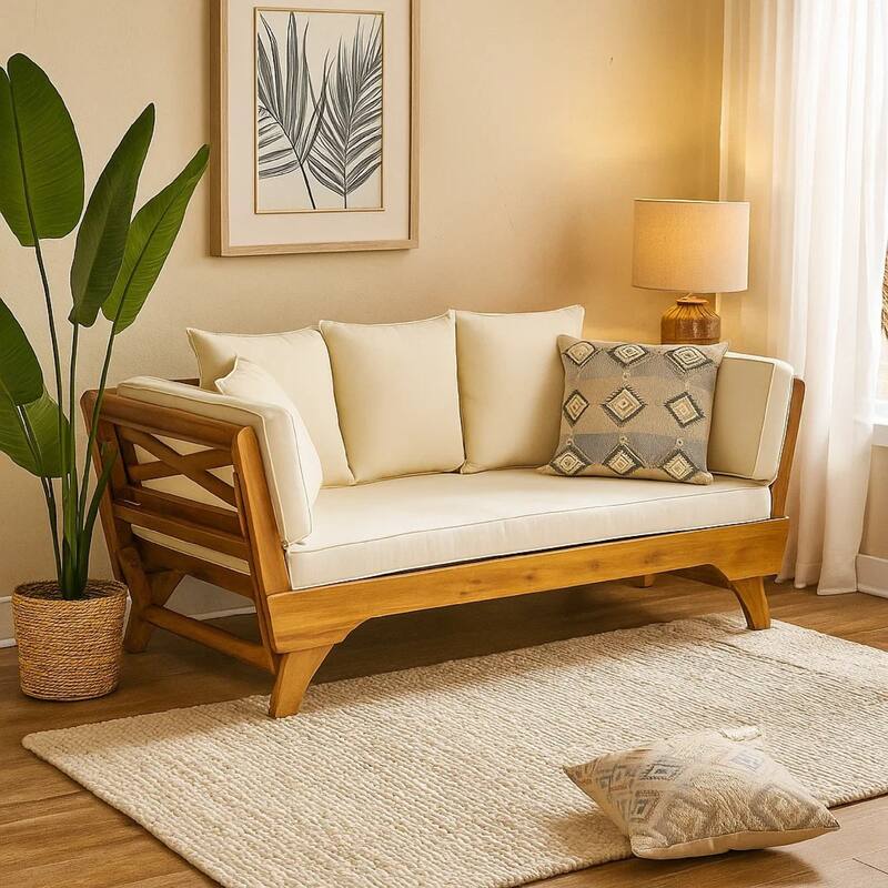 Flex Outdoor Daybed, Brown Wood, 65 Inch, Ivory Polyester Cushions