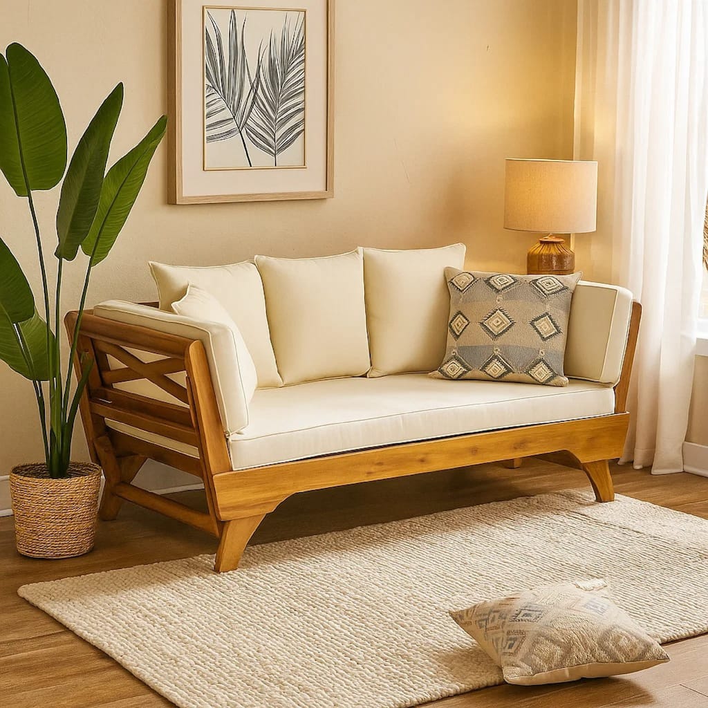 Flex Outdoor Daybed, Brown Wood, 65 Inch, Ivory Polyester Cushions