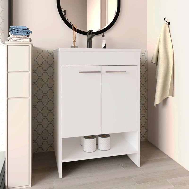 Floor Vanity With Four Drawers And Two Open Shelves,White - White