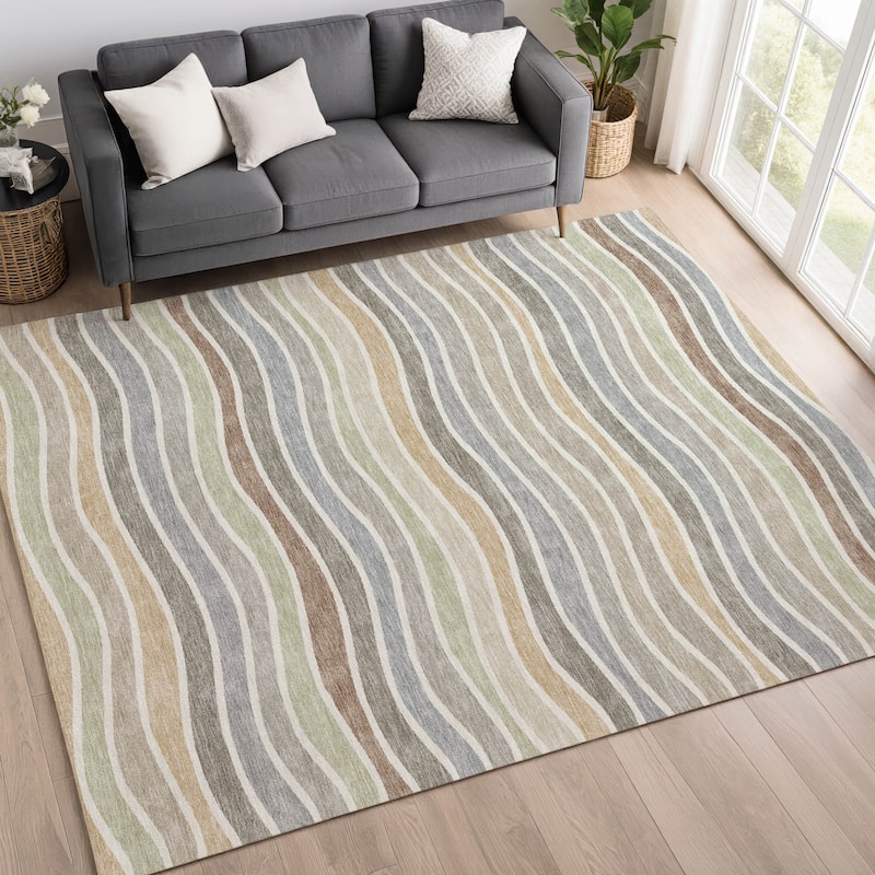 Machine Washable Indoor/ Outdoor Contemporary Stripe Chantille Rug