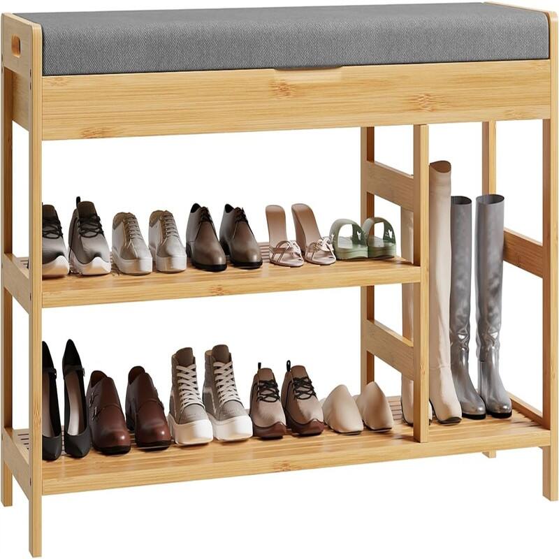 Bamboo Shoe Bench, Shoe Storage Bench with Cushion - 11.4"D x 36"W x 19.7"H - 11.4"D x 36"W x 19.7"H - Natural