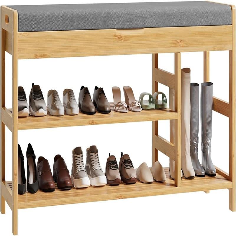 Bamboo Shoe Bench, Shoe Storage Bench with Cushion - 11.4"D x 36"W x 19.7"H