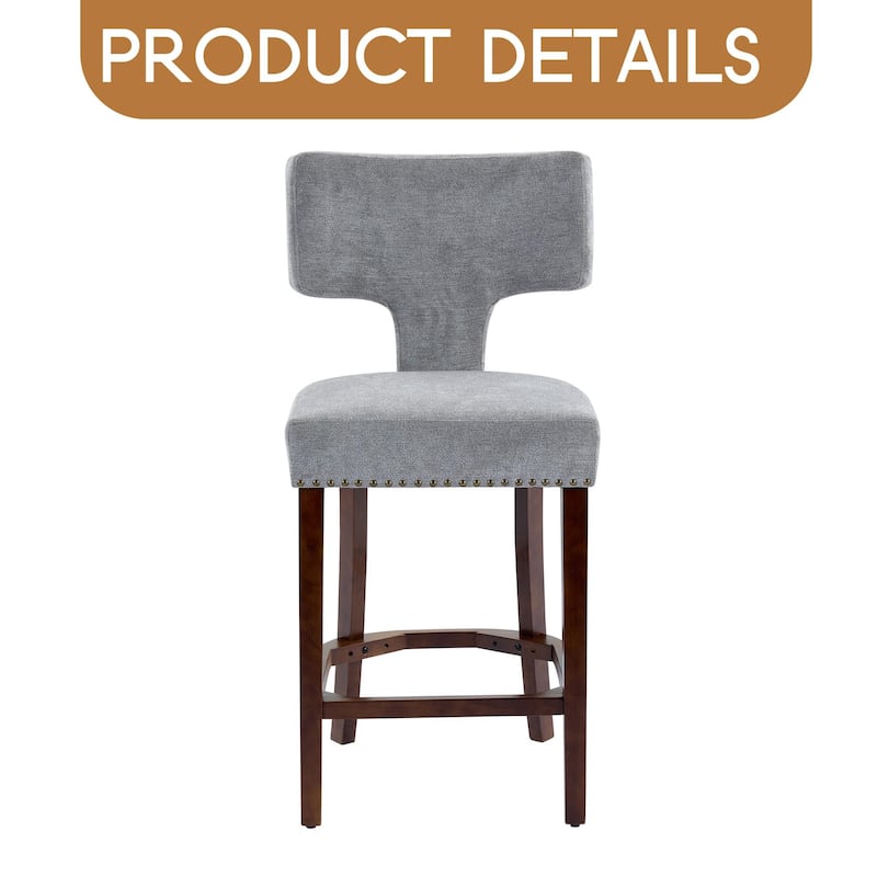 Mid Century Modern Counter Height Bar Stools Set of 2, Farmhouse Linen Fabric Upholstered Accent Chair Curved Backrest