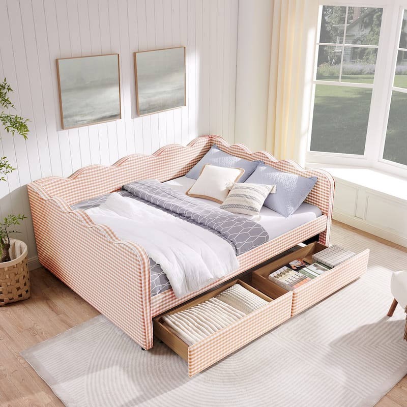 Full/Queen Gingham Daybed with 2 Storage Drawers, USB Port & Wave Shaped Linen Fabric - Pink - Queen