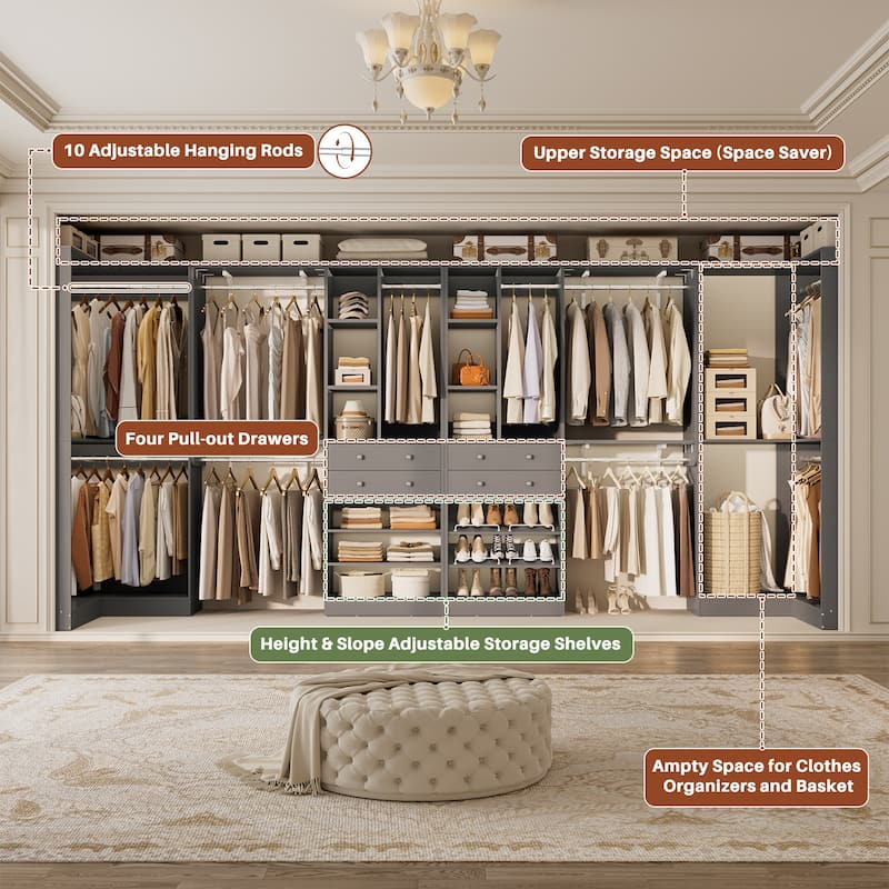 Set of 4 U-Shaped Closet Organizer System with Wood Drawers, Amoire Wardrobe with Shoe Racks