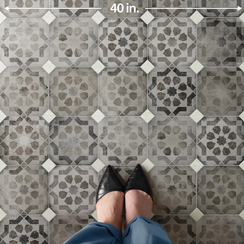 Merola Tile Laverton Octagon Deco Sombra with Taco Nieve 7-7/8" x 7-7/8" Porcelain Floor and Wall Tile