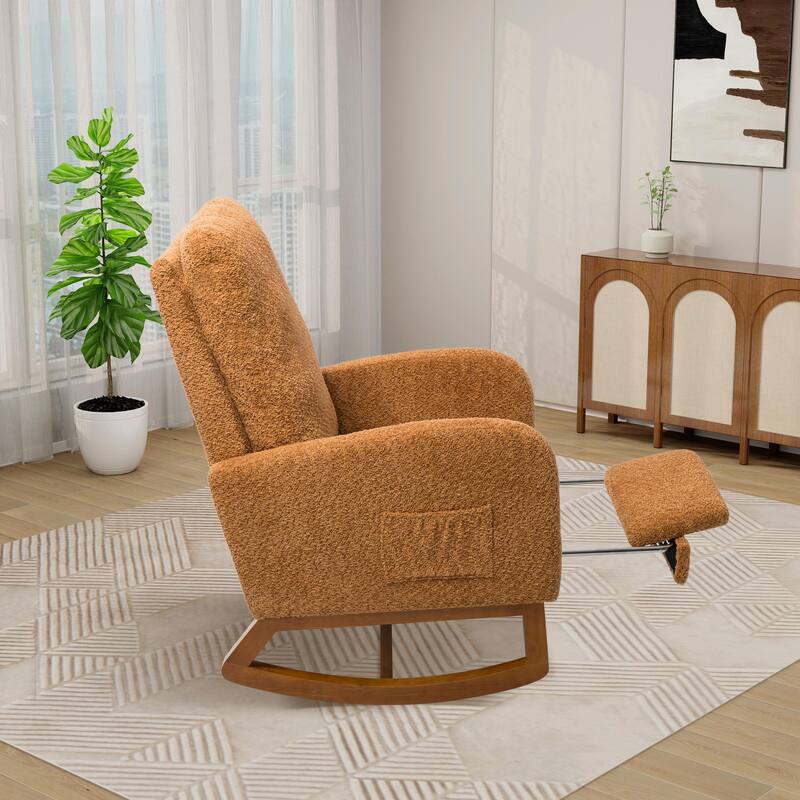 Nursery Rocking Chair, High Back Glider with Retractable Footrest, Side Pocket, Rubberwood Legs for Living Room, Bedroom