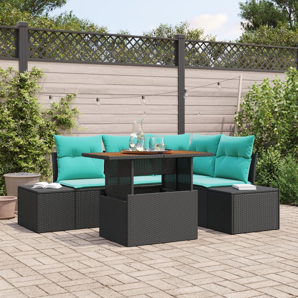 vidaXL 5 Piece Garden Sofa Set with Cushions Black Poly Rattan - 82.3×60.6×27.2