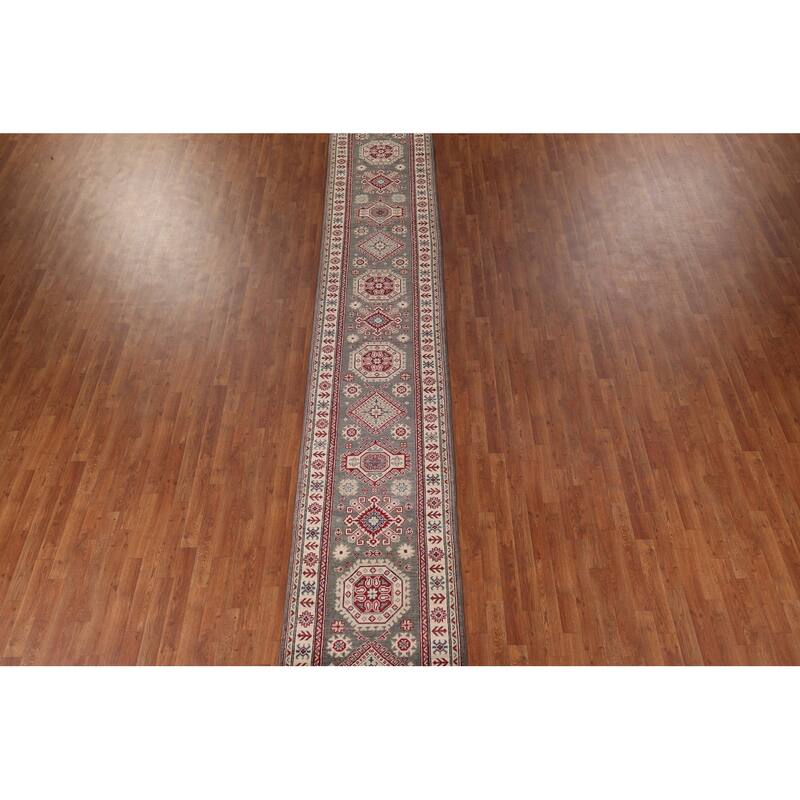 Gray Geometric Kazak Oriental Runner Rug Handmade Wool Carpet - 2'8" x 16'4"