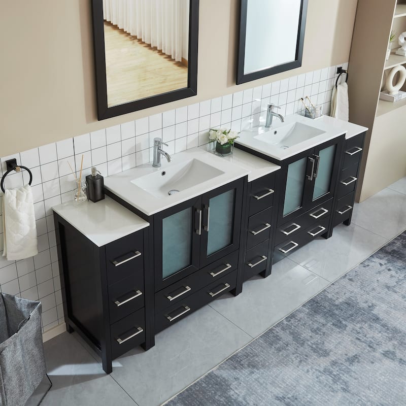 Vanity Art 96" Double Sink Bathroom Vanity Set 13 Dove-Tailed Drawers 5 Cabinets 2 Shelves, Soft-Closing Doors with Free Mirror
