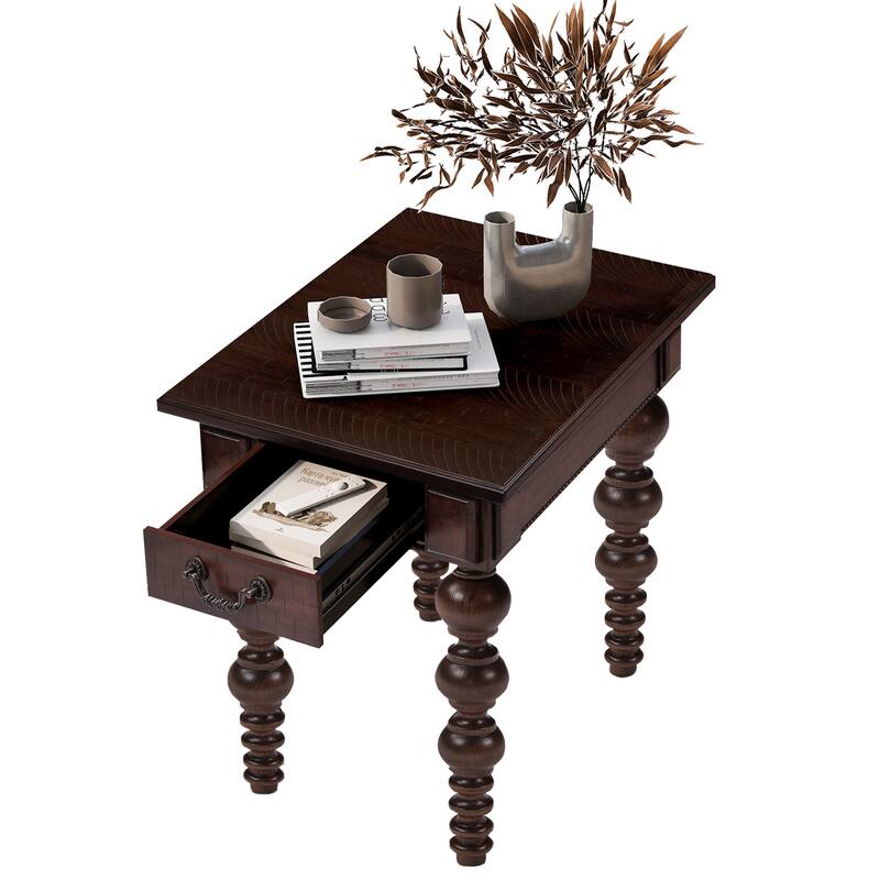 Wooden Sofa End Side Table, Coffee Table Set of 3 with Storage Drawers, Accent Table with Gourd-Shaped Legs