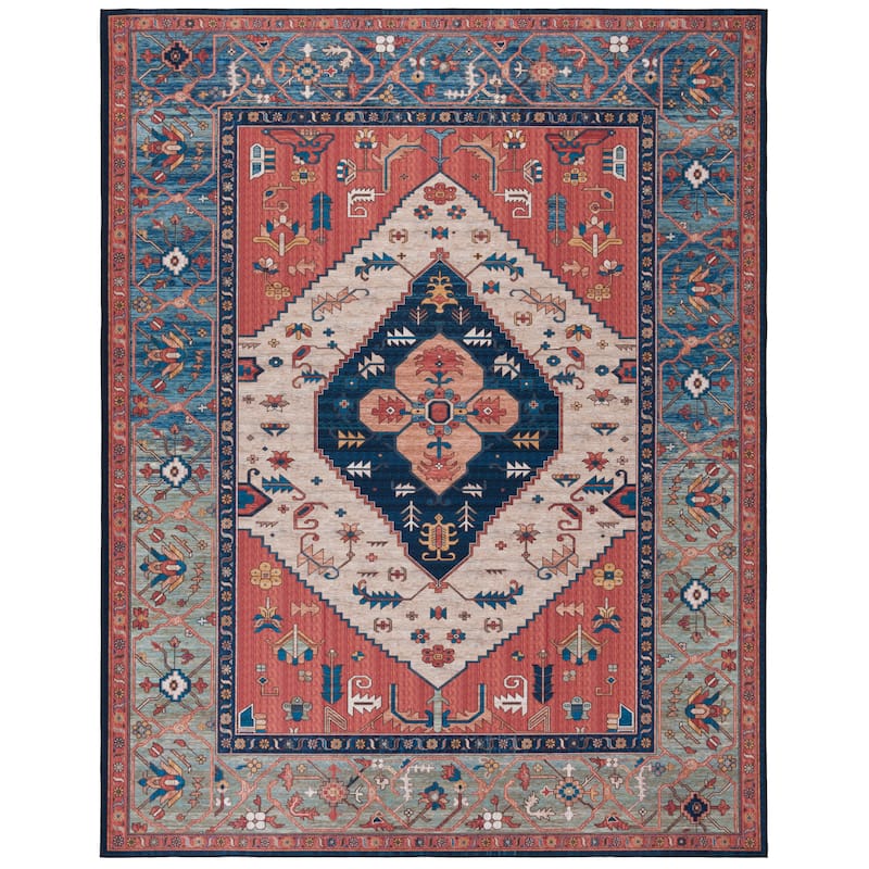 SAFAVIEH Tucson Machine Washable Slip Resistant Ozden Traditional Rug - 10' x 14' - Rust/Blue