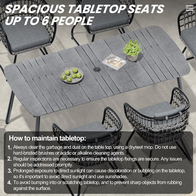 7-Piece Patio Dining Set Aluminum Outdoor Table with Umbrella Hole with Rattan Chairs