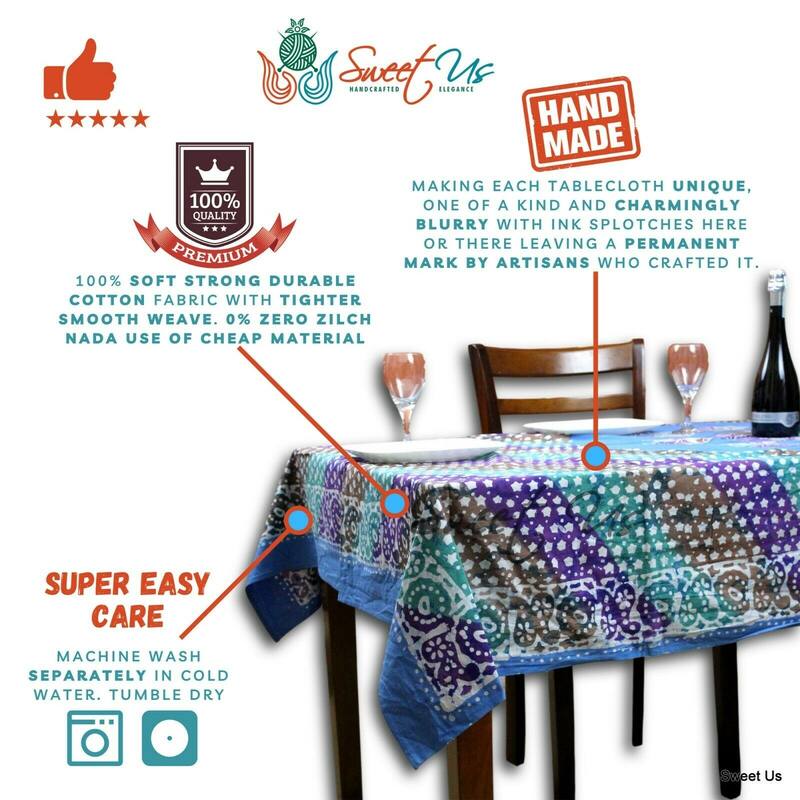Cotton Batik Print Floral Tablecloth Rectangle - 58 x 90 in - Sky Blue