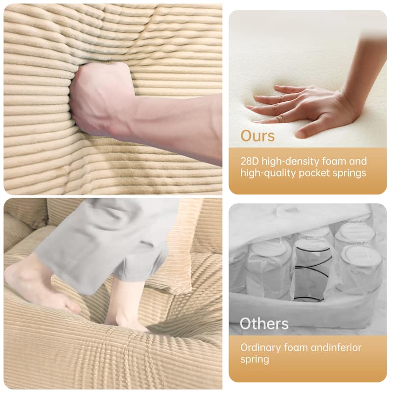 GDFStudio - Corduroy 3-Seater 130" Cloud Sofa Couch with Extra-Thick Armrests